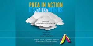 Blue background with white cut out clouds. Text reads "PREA in Action, It Starts with Us".