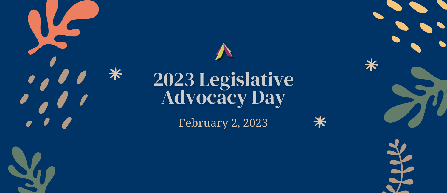 Dark blue background with drawn leaves in green and orange and yellow drawn stars. In the foreground, 2023 Legislative Advocacy Day, February 2, 2023.