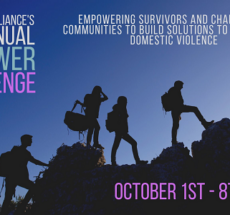 Silhouette of a group of five people hiking on rocks. Text says, "The Action Alliance's 2nd Annual Empower Challenge. October 1st-8th, 2019. Empowering Survivors and challenging communities to build solutions to sexual and domestic violence."