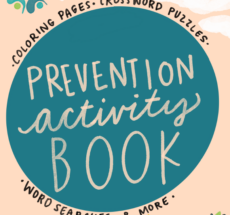 A blue-green circle with peach colored text, "prevention activity book" on a peach background with hand drawn sun, flowers, and clouds.