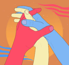 Image of three colorful hands holding each other.