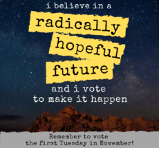 Image of a starry night sky over a cliff-side with text overlayed that reads "I support protections for survivors, including living wage, racial justice, sensible gun laws, access to healthcare, safety and justice. I believe in a radically hopeful future and I vote to make it happen. Remember to vote the first Tuesday in November!"