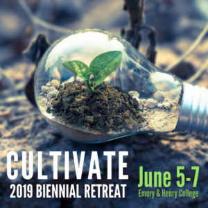 Image of a light bulb with a small plant growing inside and text overlayed that reads "Cultivate: 2019 Biennial Retreat".