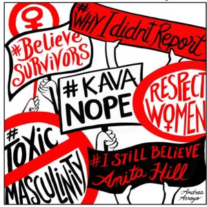 Drawing of signs being held up with various messages reading "#KAVANOPE" and "#IstillbelieveAnitaHill" and "#WhyIDidn'tReport".