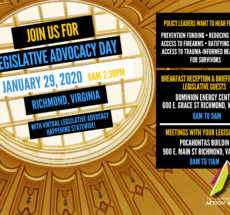 Graphic of a ceiling window with text that reads "Join us for Legislative Advocacy day, January 29, 2020, 8am-2:30pm, Richmond, Virginia. With virtual legislative advocacy happening statewide!" and a schedule of events.
