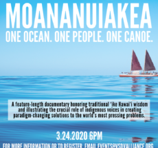 Image of two small ships sailing on the ocean, advertising a documentary screening titled "Moananuiakea: One ocean. One people. One canoe."