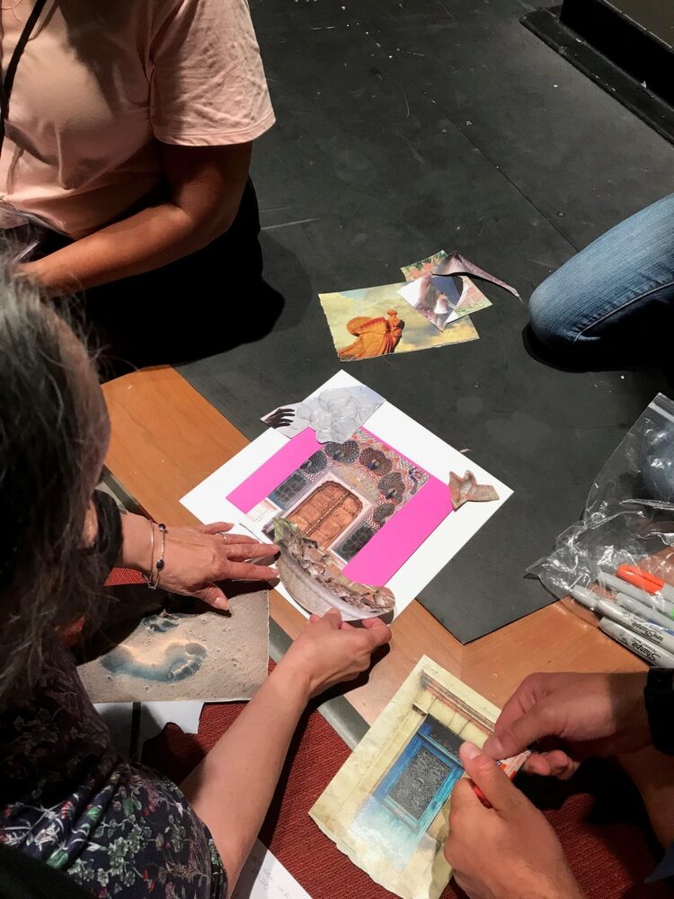 hands working together on an art collage.