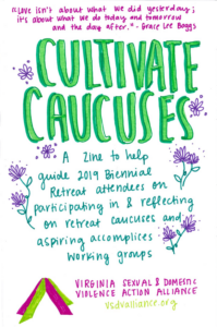 Hand drawn cover of Cultivate Caucuses Zine with purple flowers.