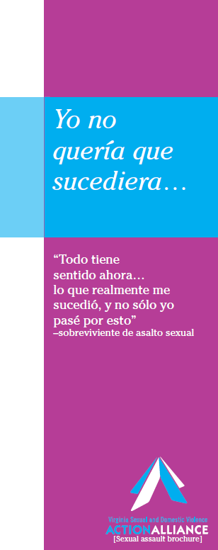 The cover of the brochure about sexual assault has a purple vertical bar down the right side, white band down the left side, and a blue horizontal bar across the top with the title of the brochure, Yo no queria que sucediera