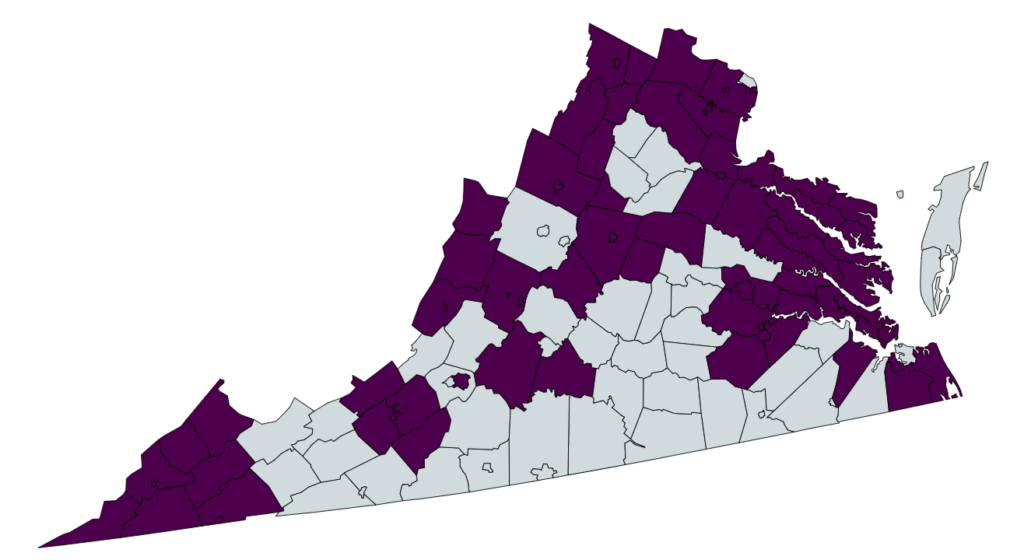 A map of Virginia marking county lines with purple areas highlighted to indicate where prevention is funded in the state.