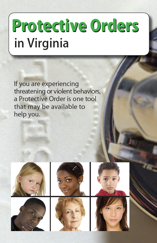The cover of the Protective Orders in Virginia pamphlet has photos of 6 people in a grid at the bottom left corner on the background of an impression of a court seal with the title in a white box at the top.