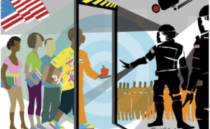 Animated image of children preparing to walk through a metal detector in a school, with police officers in tactical gear on the other side. One African American student is walking through the metal detector and is transformed from wearing school clothes to wearing an orange prison jumpsuit.