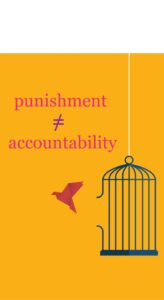 Orange background with a red origami bird flying free of bird cage with broken bar that is hanging by a white string. The words punishment does not equal accountability are in red on the left.