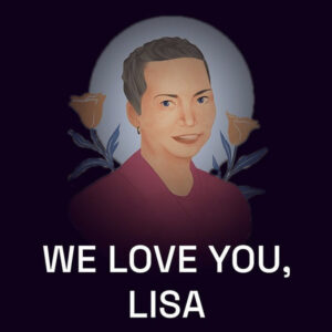 Drawing of Lisa Montgomery with black background, and the words, "We love you, Lisa." Image originally posted on Instagram @HerWholeTruth. Drawing of Lisa Montgomery by @azulillustration