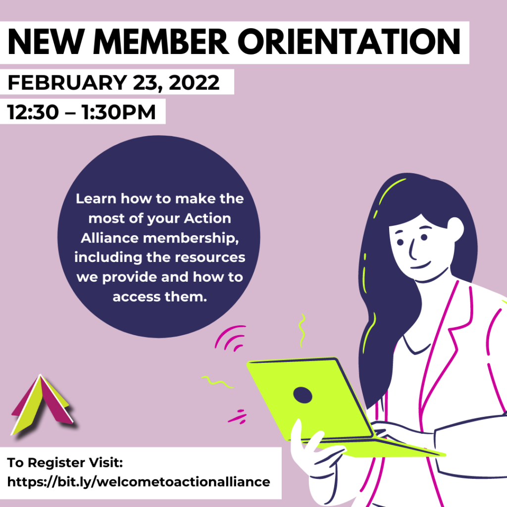 Light purple background with a woman who is looking at a green laptop. Text reads New Member Orientation, February 23, 2022, 12:30 -1:30