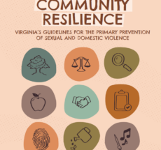 Red text on peach background that says Fostering Community Resilience: Virginia's Guidelines for the Primary Prevention of Sexual and Domestic Violence. Below the text are multi-colored circles with icons representing the nine principles of primary prevention.